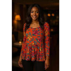 Be Stage 1XL Floral Tiered Tunic Blouse Orange Multi NWOT Boho Long Sleeve